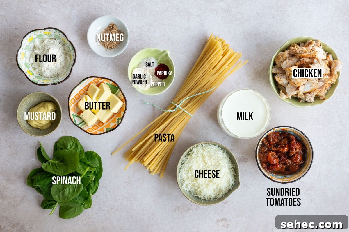 Marry Me Chicken Pasta Bake with Creamy Tuscan Sauce 4 Ingredients for a pasta dish are arranged on a surface: flour, nutmeg, mustard, butter, spinach, pasta, salt, garlic powder, paprika, pepper, cheese, sundried tomatoes, milk, and chicken.