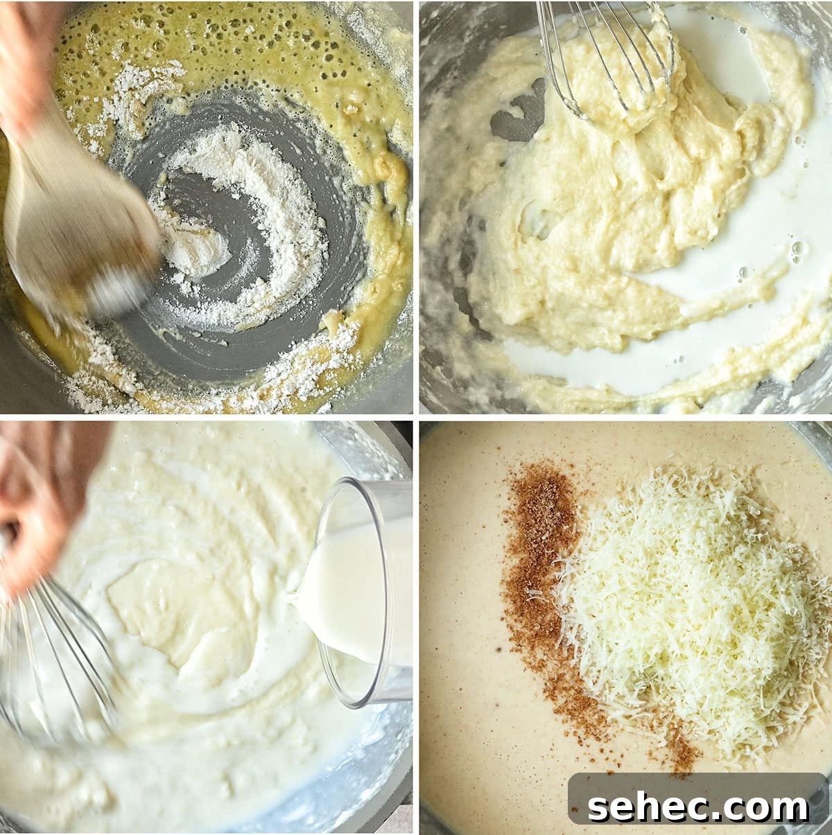 Marry Me Chicken Pasta Bake with Creamy Tuscan Sauce 5 A collage of four images showing the steps to make bechamel sauce. Top left: stirring flour and butter. Top right: adding milk to the mixture. Bottom left: whisking more milk into the mix. Bottom right: sauce topped with grated cheese and seasoning.