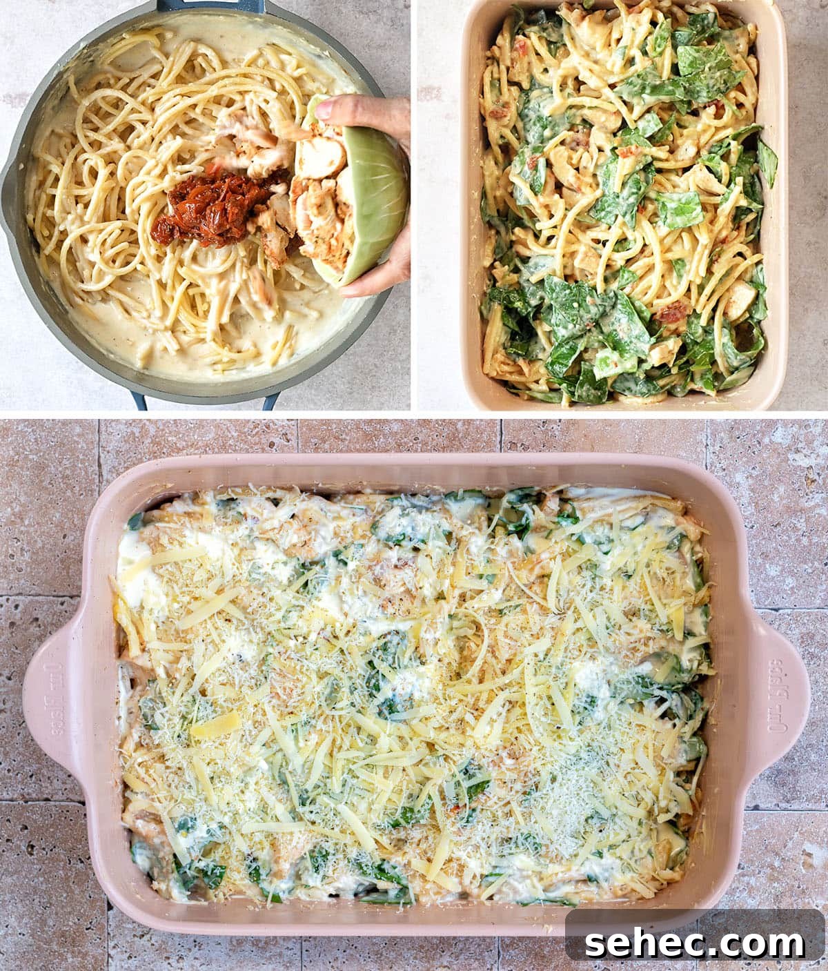 Marry Me Chicken Pasta Bake with Creamy Tuscan Sauce 6 Three images show the stages of preparing a pasta bake. Top left: Cooked pasta with sauce and sun-dried tomatoes. Top right: Mixed with fresh spinach and cheese. Bottom: The dish in a casserole, topped with grated cheese, ready to bake.