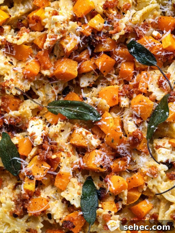Marry Me Chicken Pasta Bake with Creamy Tuscan Sauce 8 Close up on butternut squash and feta pasta with chorizo and crisp sage leaf garnish