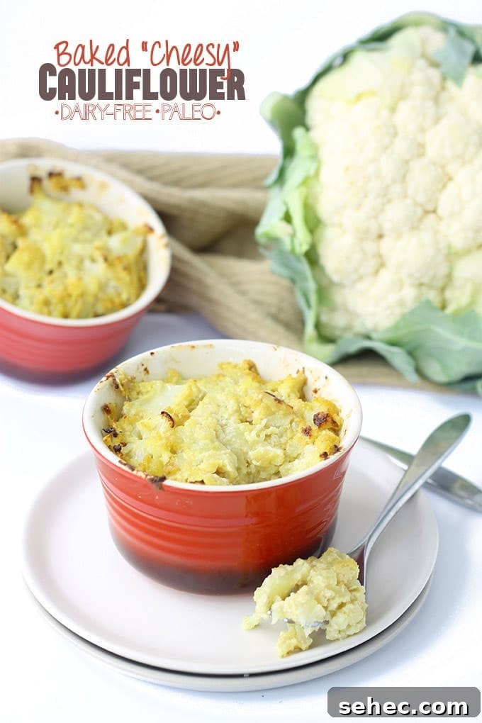 Dairy-free baked cheesy cauliflower made with nutritional yeast