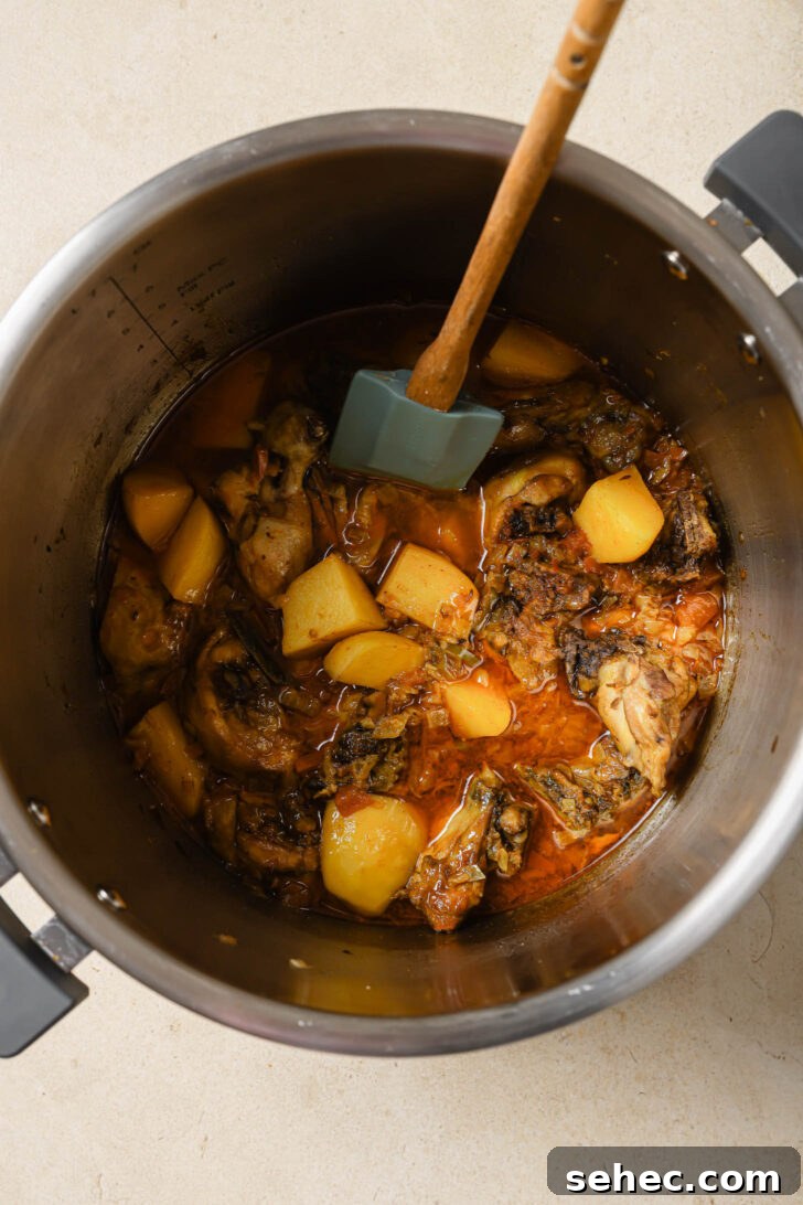 Instant Pot Chicken Curry Recipe 7 Pakistani Chicken Curry with Potatoes in an Instant Pot with a rubber spatula.