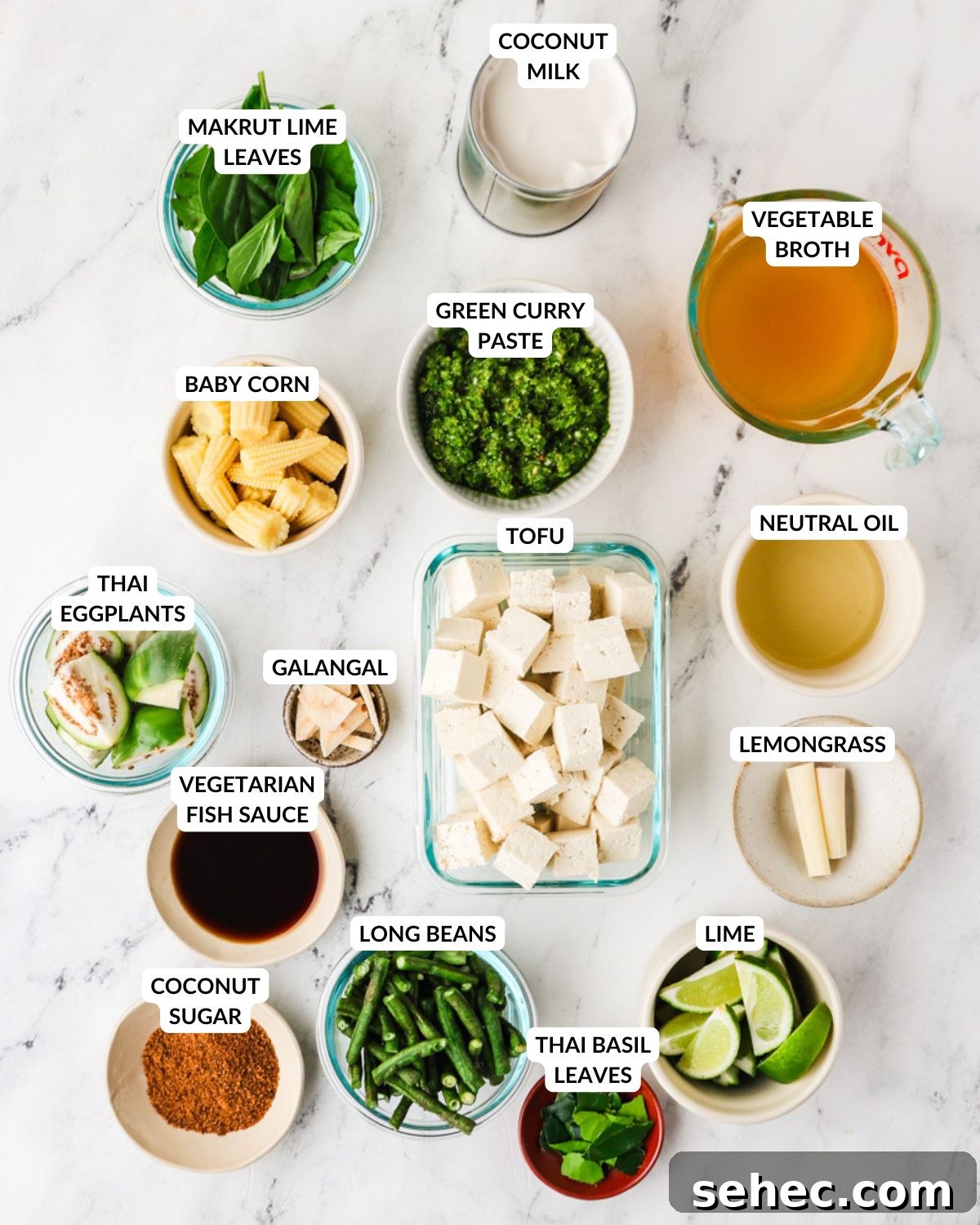 Thai Green Tofu Curry Recipe 5 Overhead image of ingredients of Thai green curry with tofu.