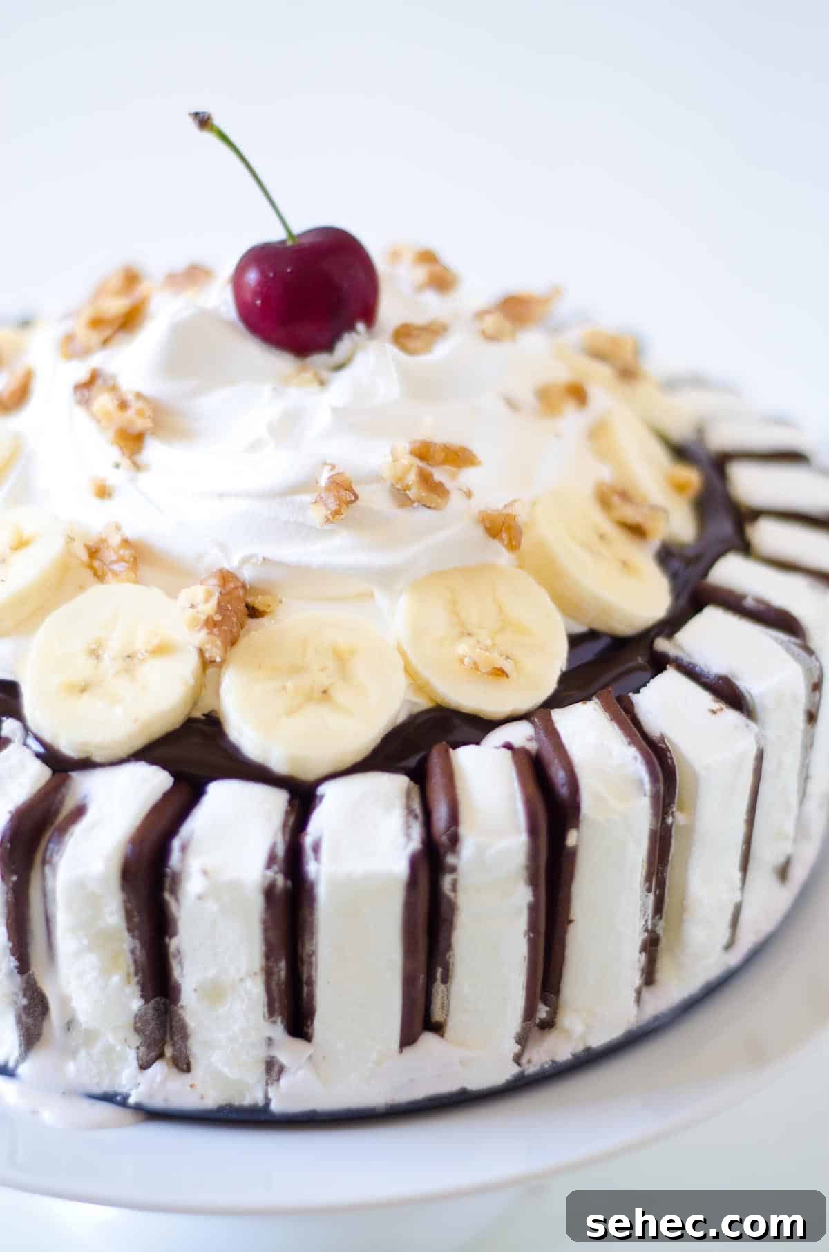 Banana Split Ice Cream Cake with Fudge and Cherries 2 ice cream cake with ice cream sandwiches and bananas and cherry on top