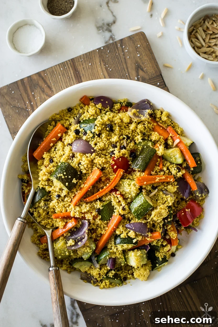 Roasted Vegetable Couscous Recipe 2 Overhead photo of a dish of couscous with vegetables