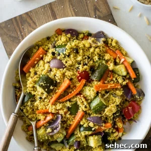 Roasted Vegetable Couscous Recipe 11 Overhead photo of a dish of couscous with vegetables