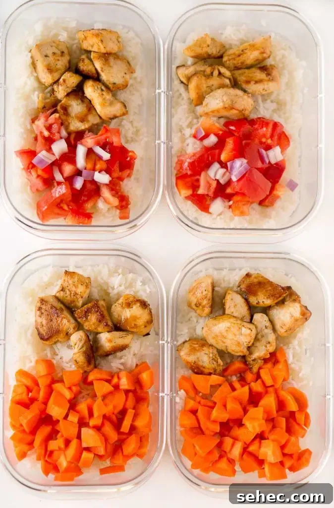 Meal Planning Tips for Busy Weeks and Stress Free Dinners 3 A plastic container filled with chicken rice and vegetables