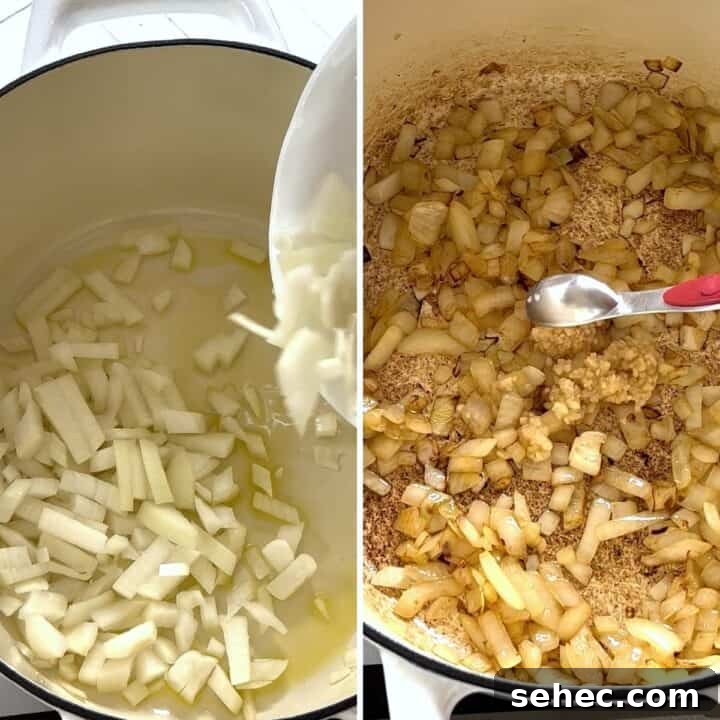 Sauteeing onion and garlic to make creamy tomato with chicken soup.