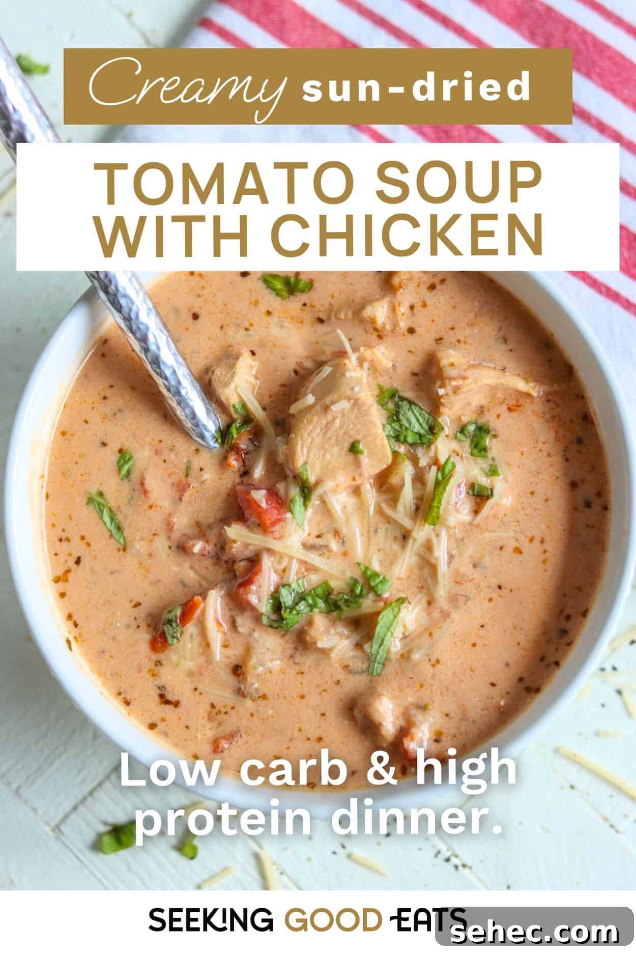 Pinterest pin with a white bowl of tomato soup with chicken garnished with basil.