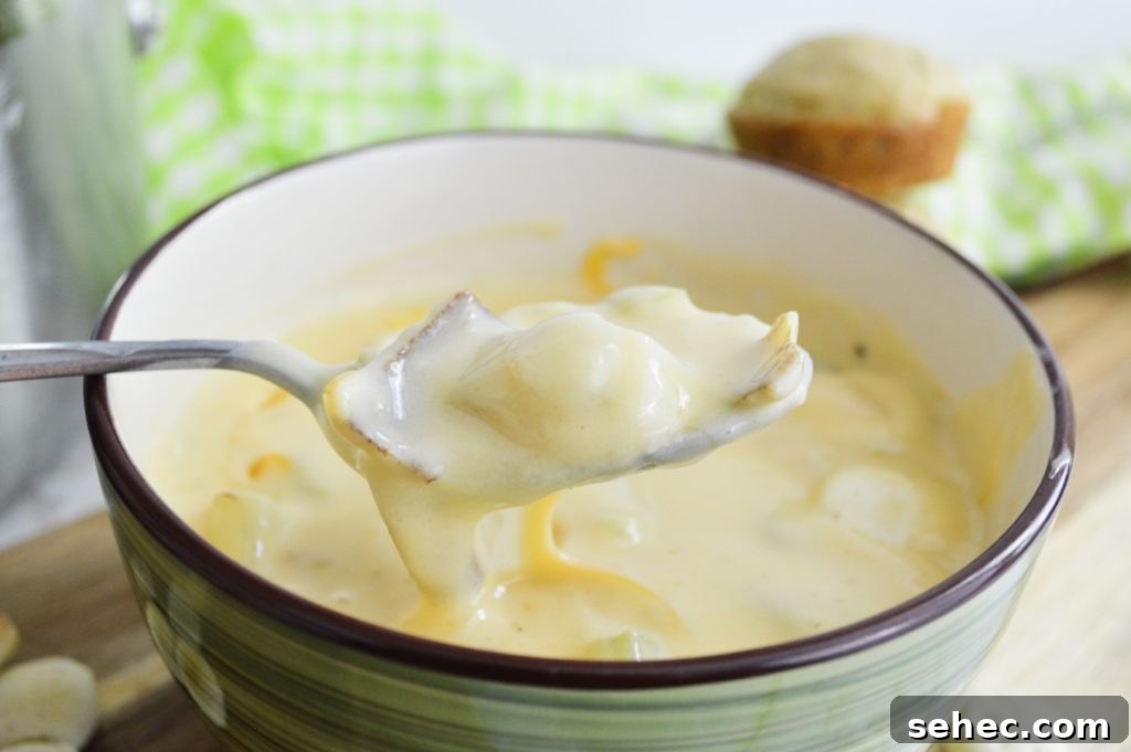 Creamy Cheesy Potato Soup Recipe 4 easy cheesy potato soup close up on spoon