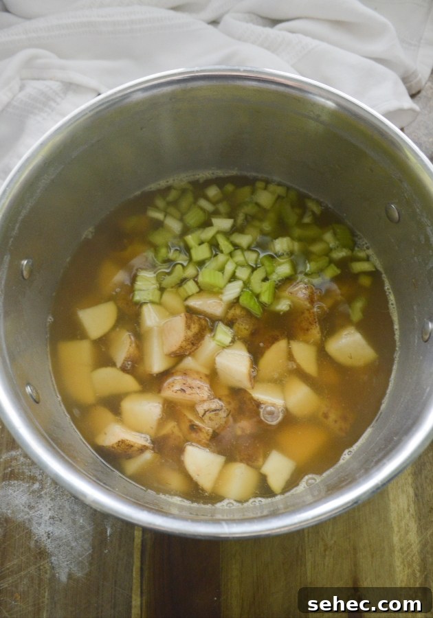 Creamy Cheesy Potato Soup Recipe 5 potatoes and celery cooking in chicken broth