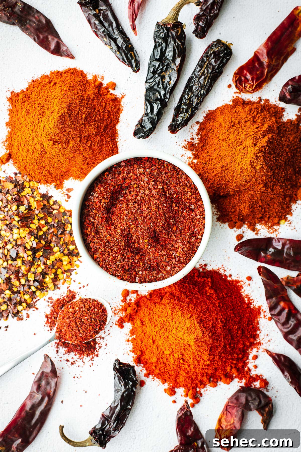 Gochugaru Substitute for Kimchi Stews and More 2 A top-down view of Korean chilli flakes (gochugaru) surrounded by different substitutes, including paprika, dried chillies, red pepper flakes and Kashmiri chilli powder.