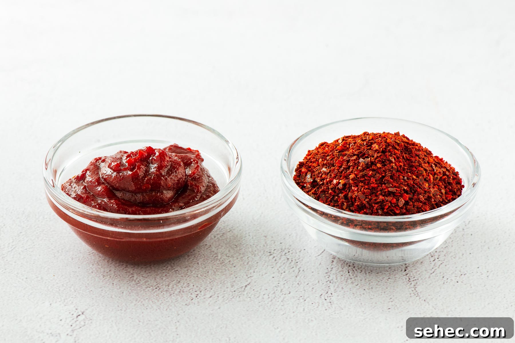 Gochugaru Substitute for Kimchi Stews and More 4 Gochugaru chilli flakes and gochujang paste in two small glass bowls on a concrete surface.