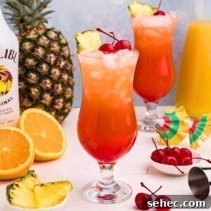 Bahama Mama Cocktail Recipe 9 Red and orange Bahama Mama cocktail in a hurricane glass with orange slices and cherries on a marble table.