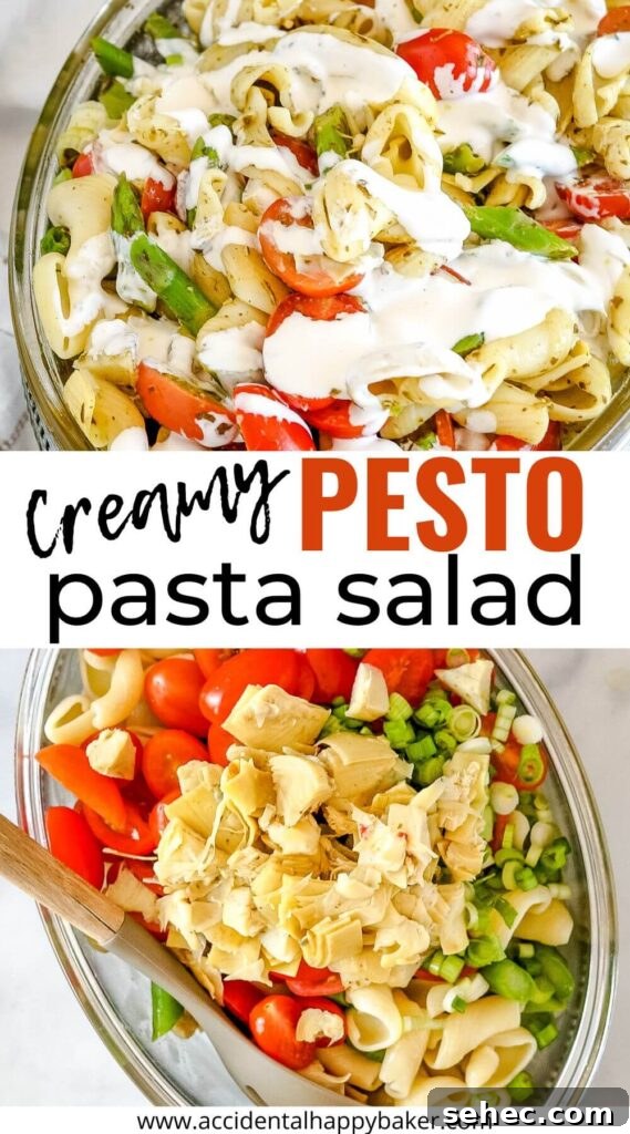 Creamy Pesto Pasta Salad with Fresh Basil 8 Creamy pesto pasta salad served as a fresh spring side dish