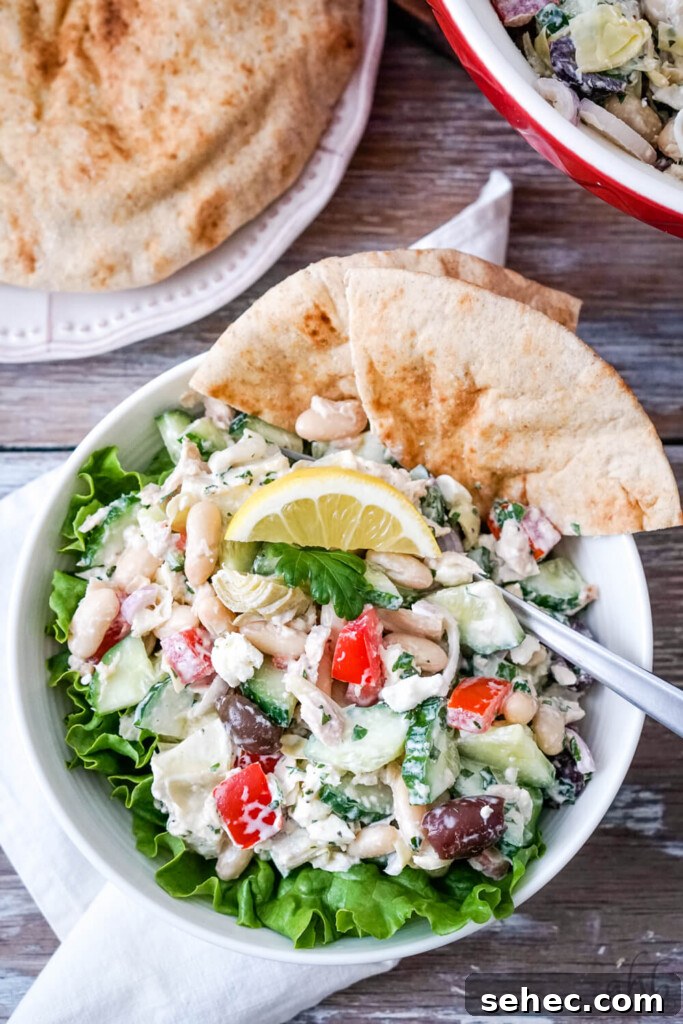 Creamy Pesto Pasta Salad with Fresh Basil 9 A serving of Mediterranean tuna salad with pitas on the side