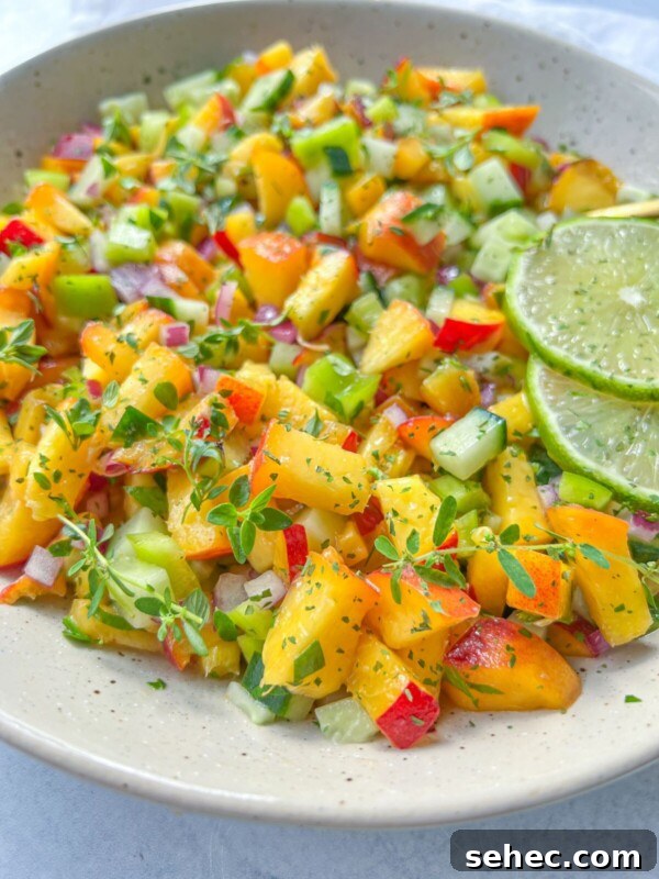 A close-up of a colorful peach salsa with diced peaches, cucumber, red onion, and herbs, garnished with fresh thyme and lime slices in a speckled bowl.