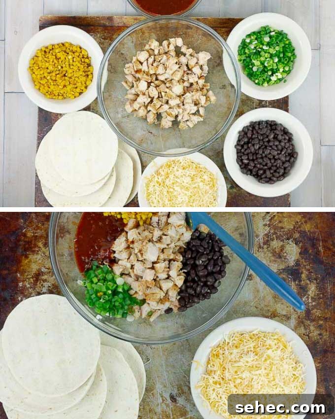 Chipotle BBQ Chicken Quesadillas 7 separated ingredients for Chipotle Barbecue Sauce Chicken Quesadillas being prepared.