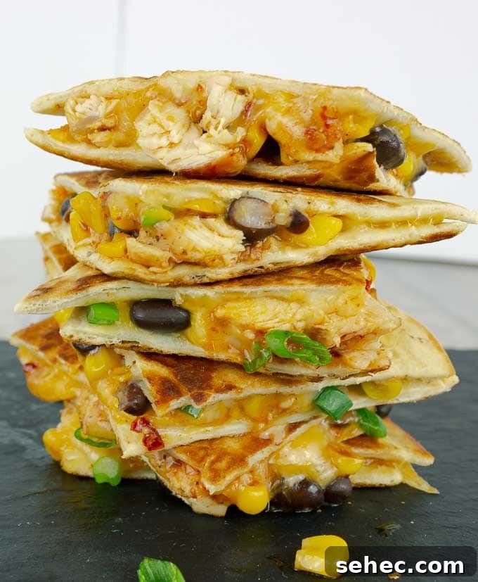 Chipotle BBQ Chicken Quesadillas 9 tall stack of Chipotle Barbecue Sauce Chicken Quesadillas