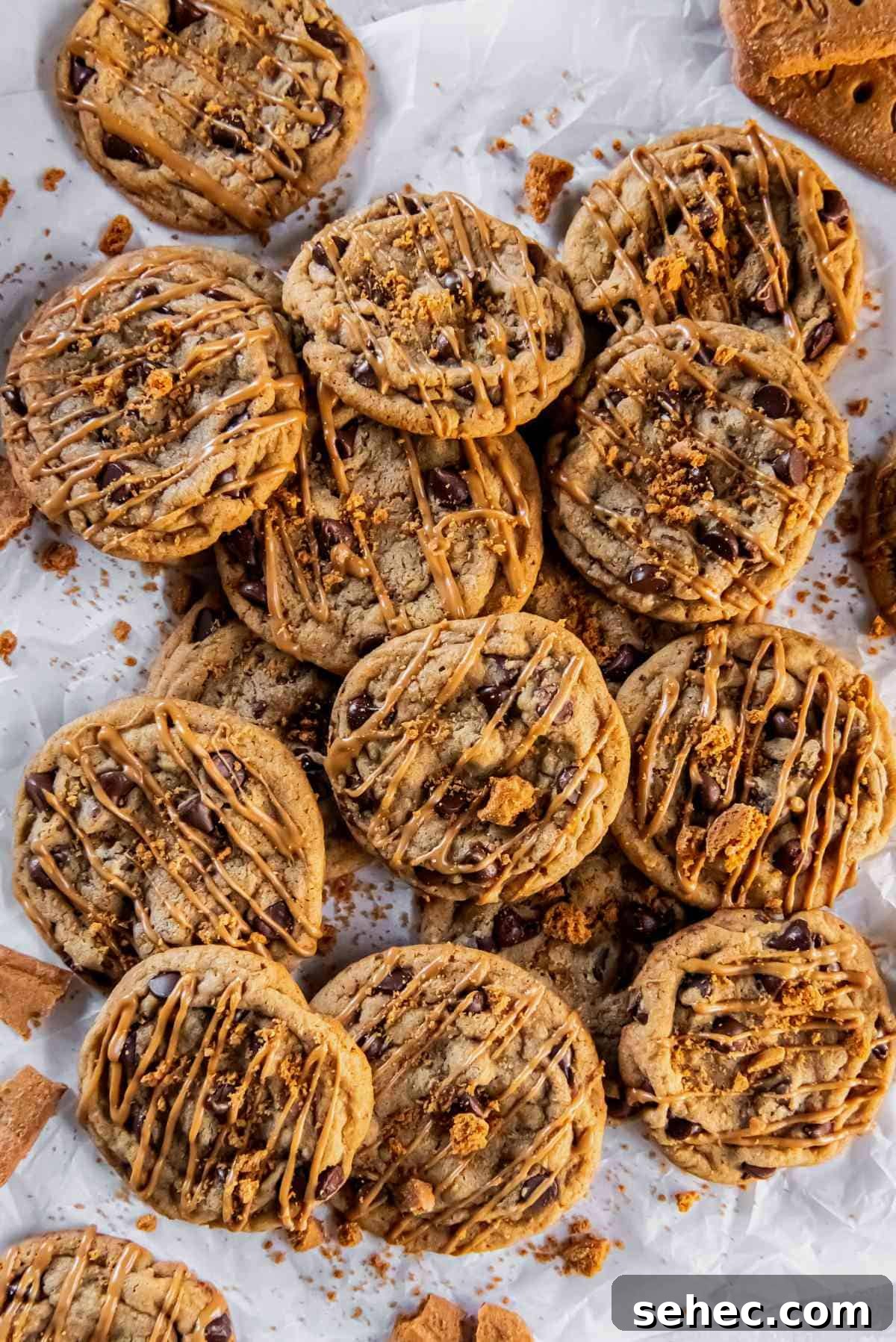 Cookie Butter Chocolate Chip Cookies 3 tray of warm chocolate chip cookie butter cookies cooling on parchment paper.