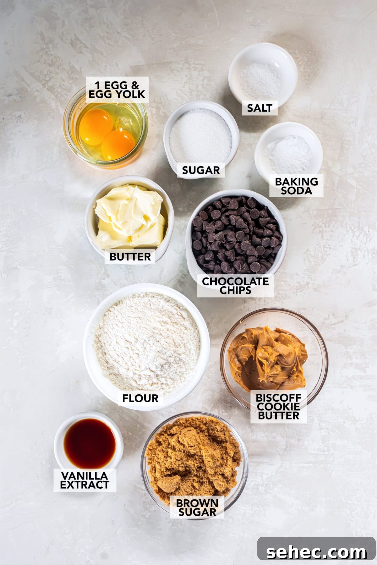 Cookie Butter Chocolate Chip Cookies 4 ingredients on a table including cookie butter, flour, egg, egg yolk, sugar, brown sugar, salt, baking soda, vanilla extract, and butter.