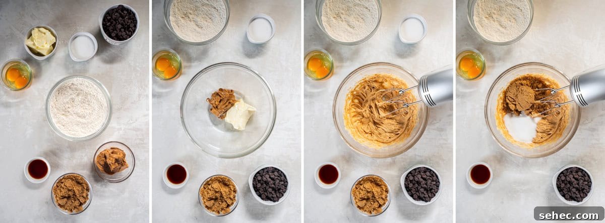 Cookie Butter Chocolate Chip Cookies 5 step by step photos showing how to make chocolate chip cookie butter cookie dough by mixing butter, cookie butter, eggs, dry ingredients, and chocolate chips.