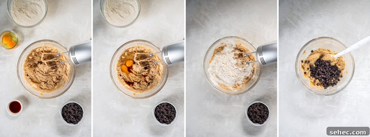Cookie Butter Chocolate Chip Cookies 6 photos displaying ingredients for chocolate chip cookie butter cookies and the mixing steps for combining butter, cookie butter, sugars, and eggs.