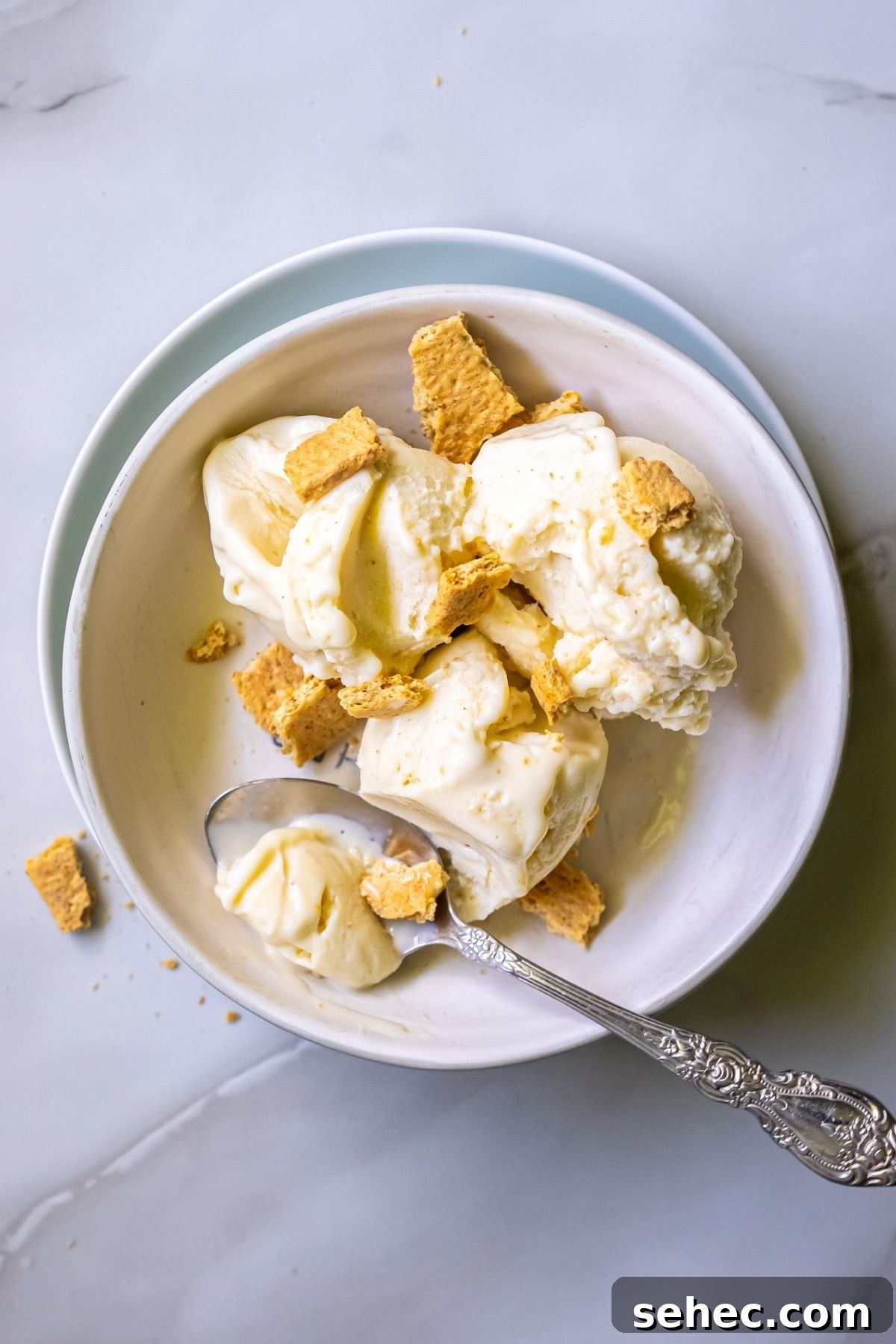 Ninja Creami Banana Cheesecake Ice Cream Recipe 43 A bowl of banana cheesecake ice cream topped with crumbled graham crackers, with an ornate spoon inside the bowl, placed on a light-colored surface.