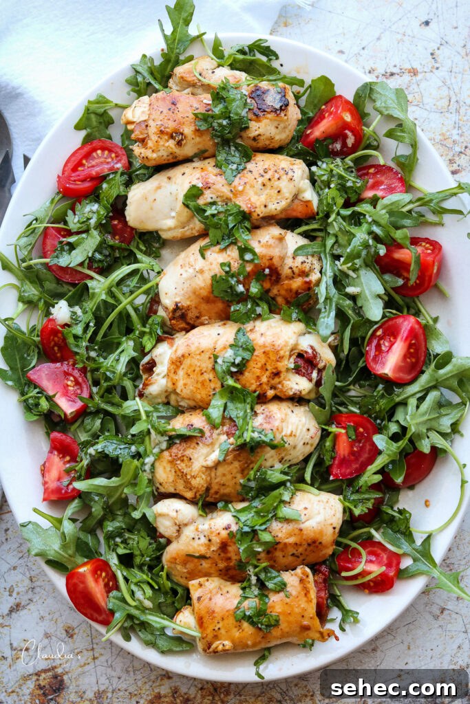 Grilled Chicken Involtini with Prosciutto 2 grilled chicken involtini with arugula salad on white platter