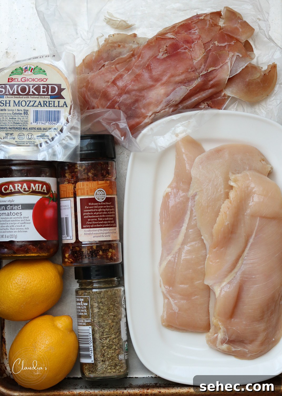 Grilled Chicken Involtini with Prosciutto 4 ingredients for grilled chicken involtini on half sheet