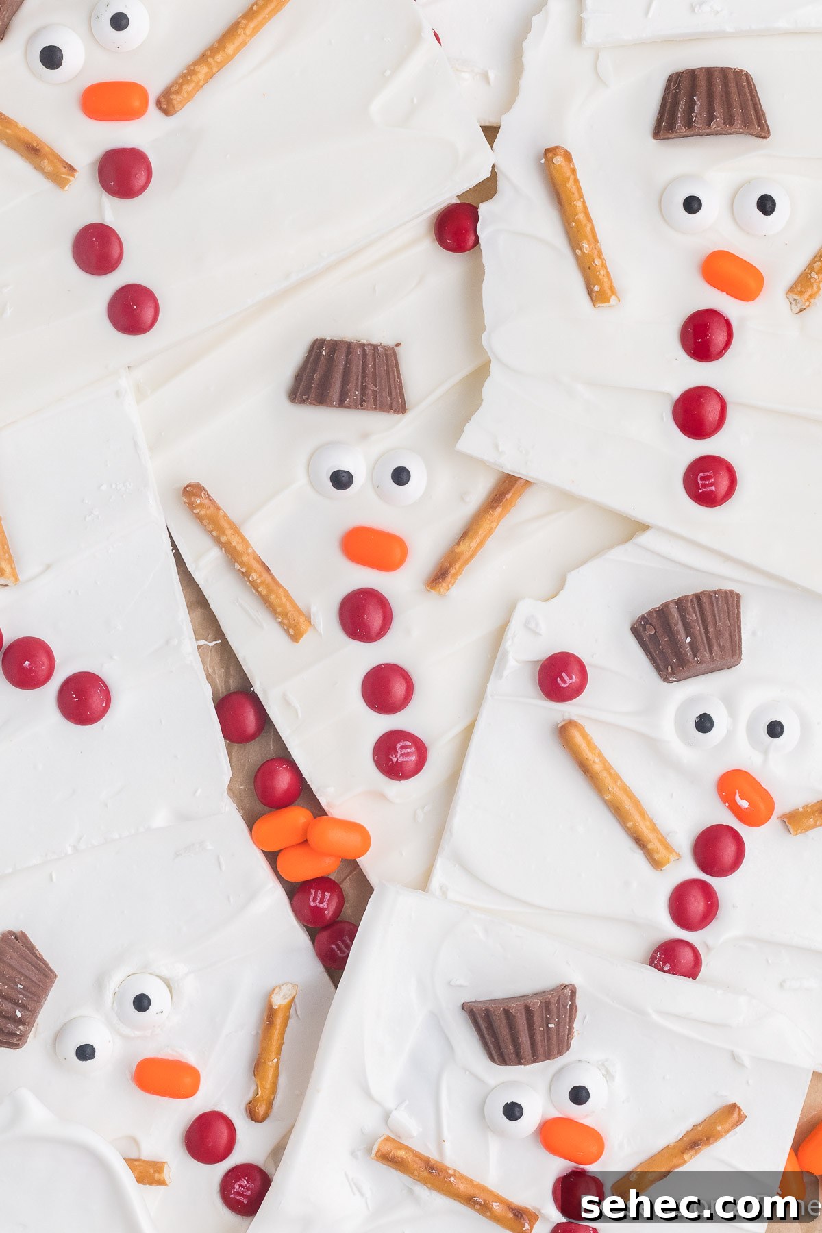 Melted Snowman Chocolate Bark Recipe 11 Close-up photo of broken bark pieces ready to serve.