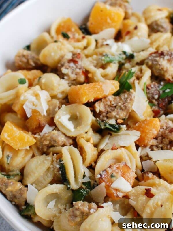 Roasted Butternut Squash with Cranberries Side Dish 12 Creamy Butternut Squash Pasta in white bowl