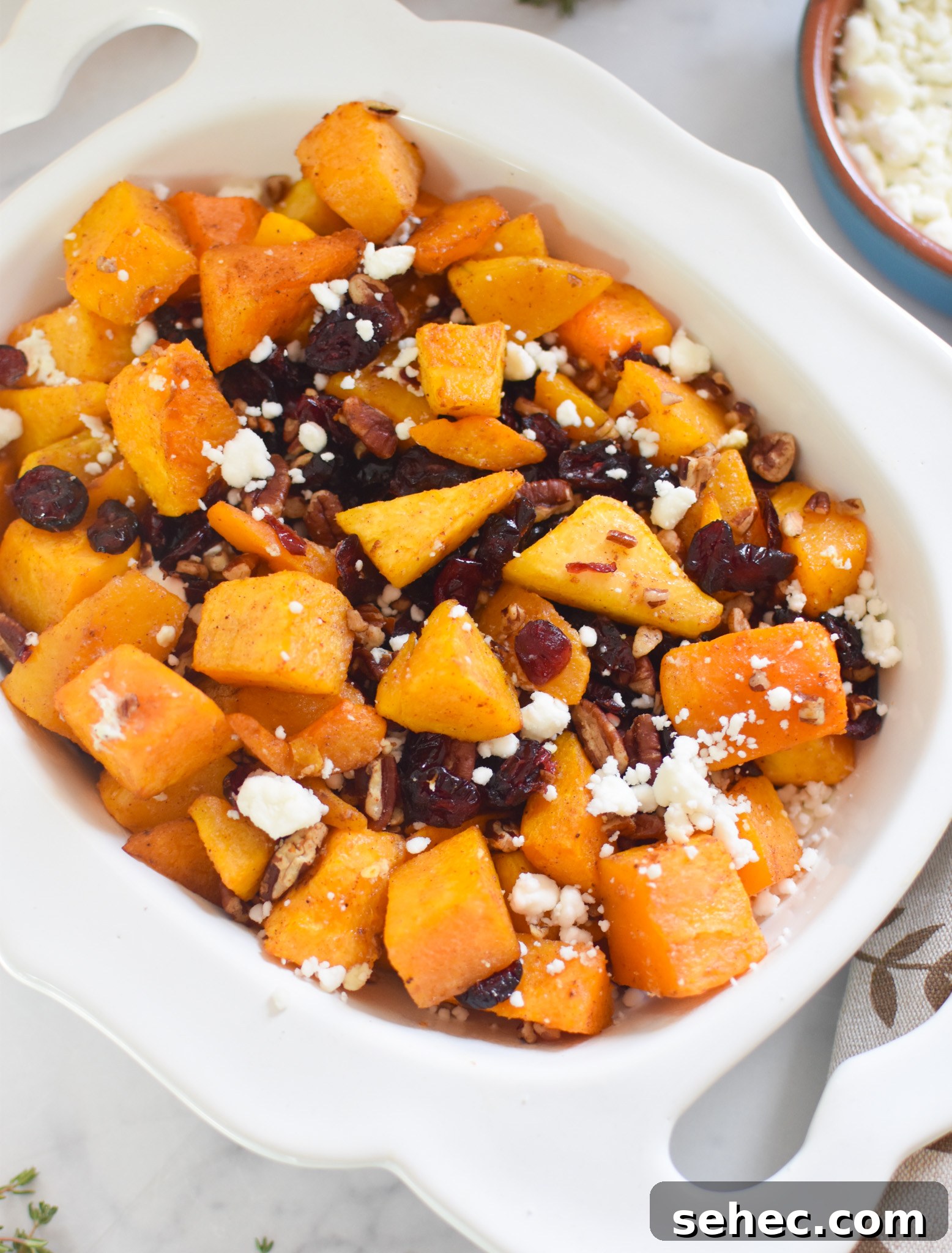 Roasted Butternut Squash with Cranberries Side Dish 3 Roasted Butternut Squash with Cranberries in white bowl