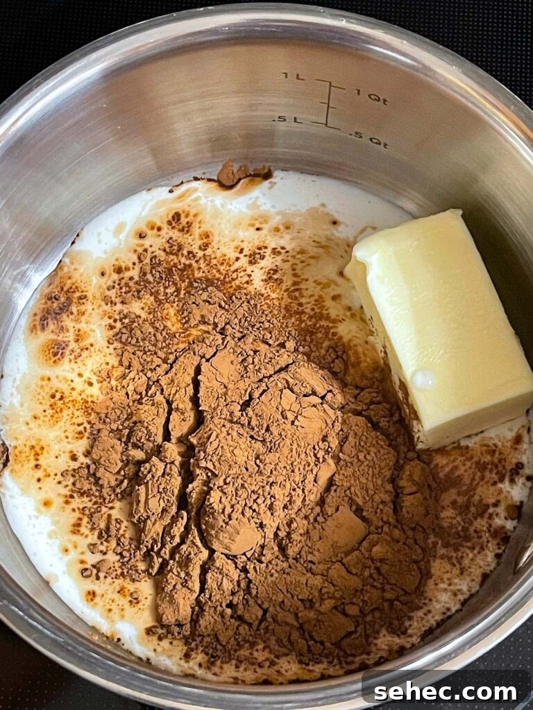 Chocolate buttermilk icing ingredients in a small saucepan.