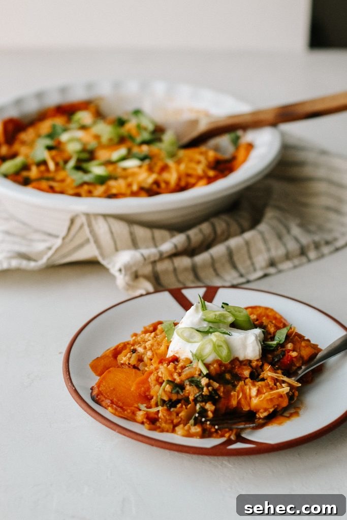 Sweet Potato Enchilada Casserole Recipe 4 Enchilada sweet potato casserole served on a plate with sour cream and green onion