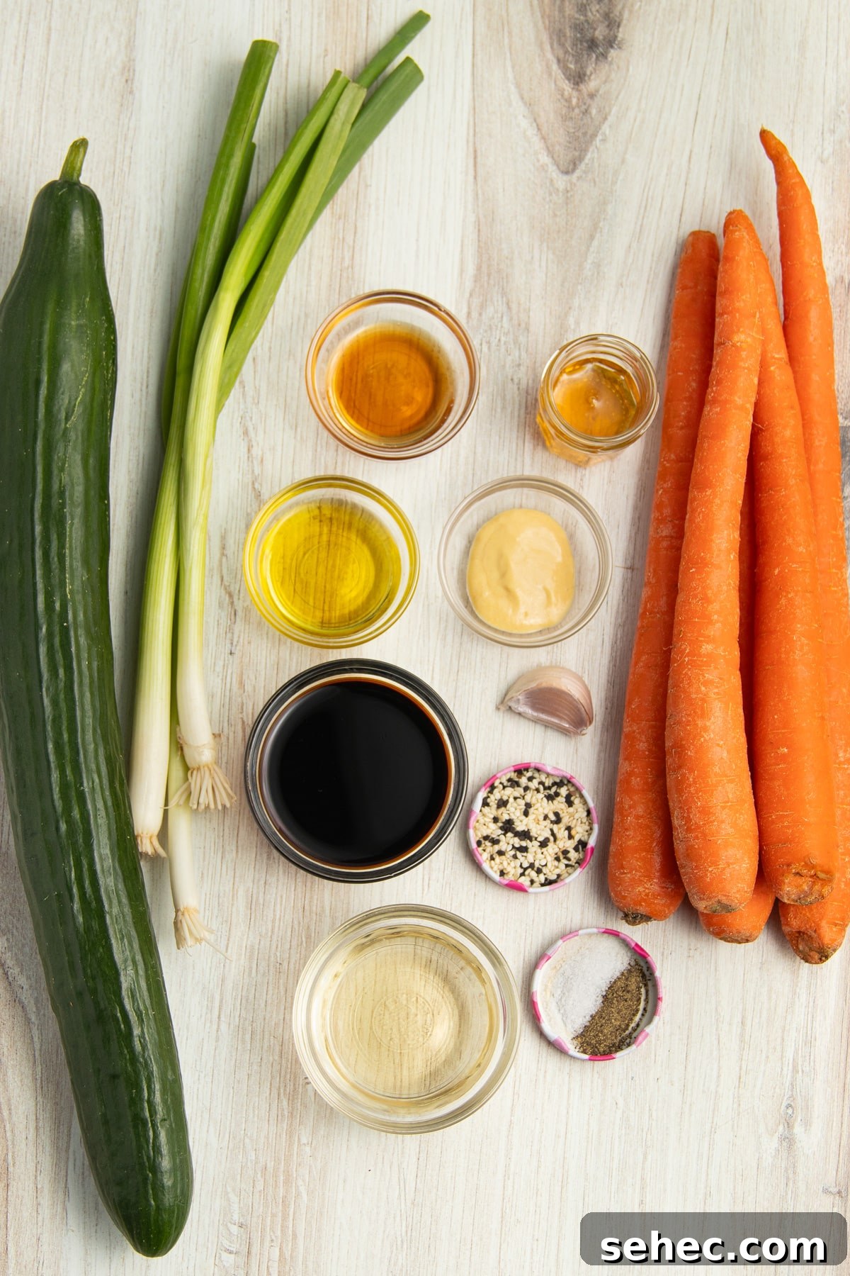 Crunchy Cucumber Carrot Salad Recipe 3 This is a picture of the ingredients needed to make this salad.