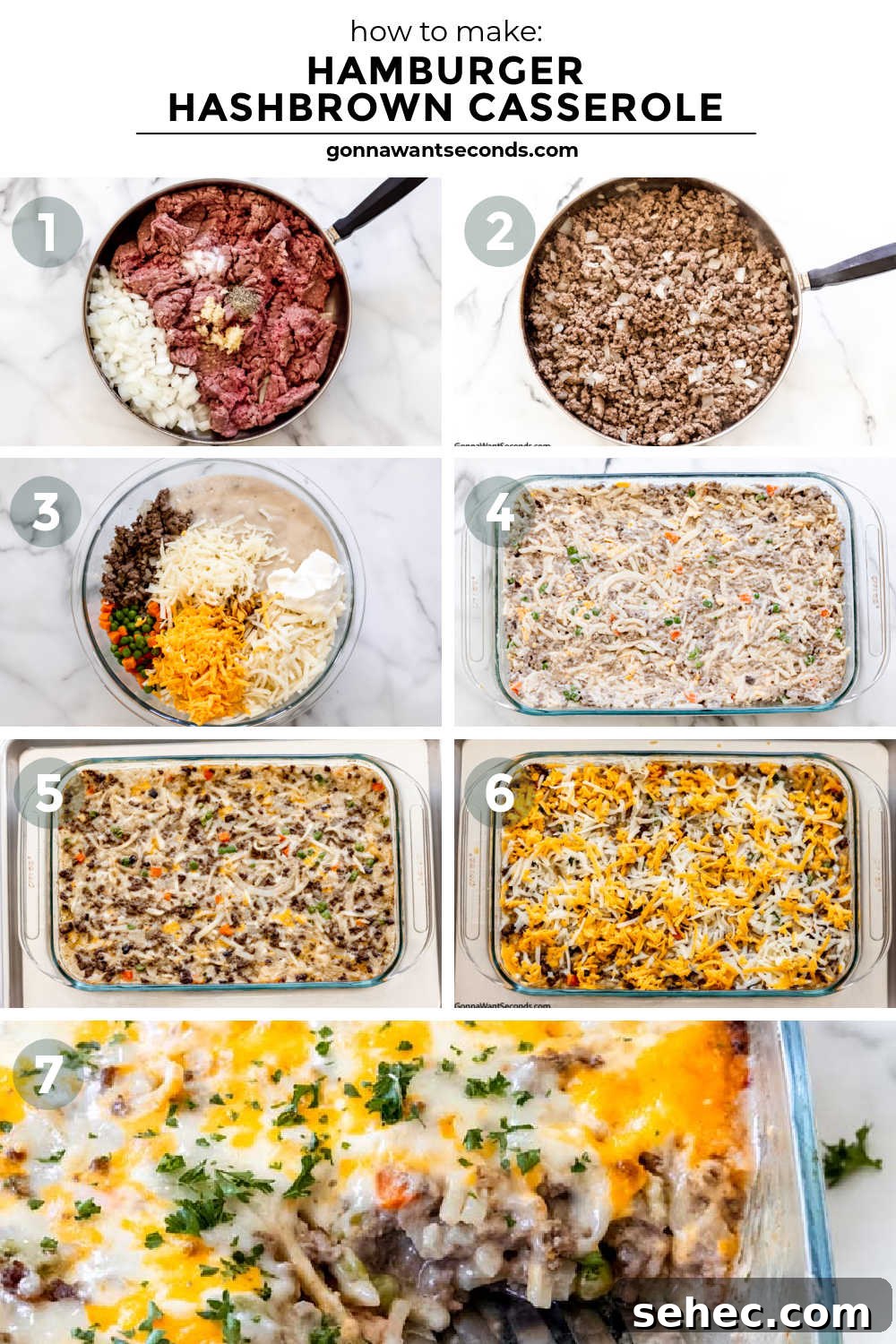This hamburger hashbrown casserole is a super creamy, hearty, beefy casserole that is sure to become a family favorite. It's a complete meal-in-one recipe! #hamburgercasserole #hashbrowncasserole Step by step how to make Hamburger Hashbrown Casserole