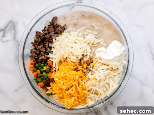 Cheesy Hamburger Hash Brown Casserole Recipe 4 Step 3 how to make hamburger hash brown casserole cream mushroom, Combine the cooled beef and the rest of the ingredients