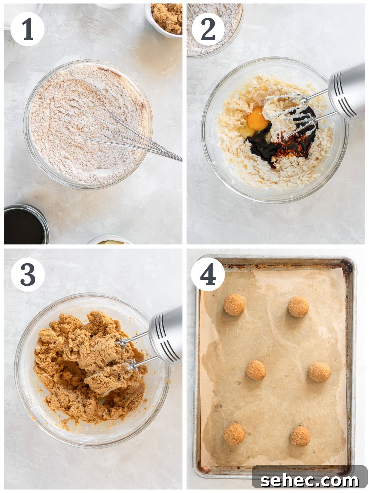 Thin and Crispy Gingersnap Cookies 4 photo collage demonstrating how to make gingersnap cookies in a mixing bowl and on a baking sheet.