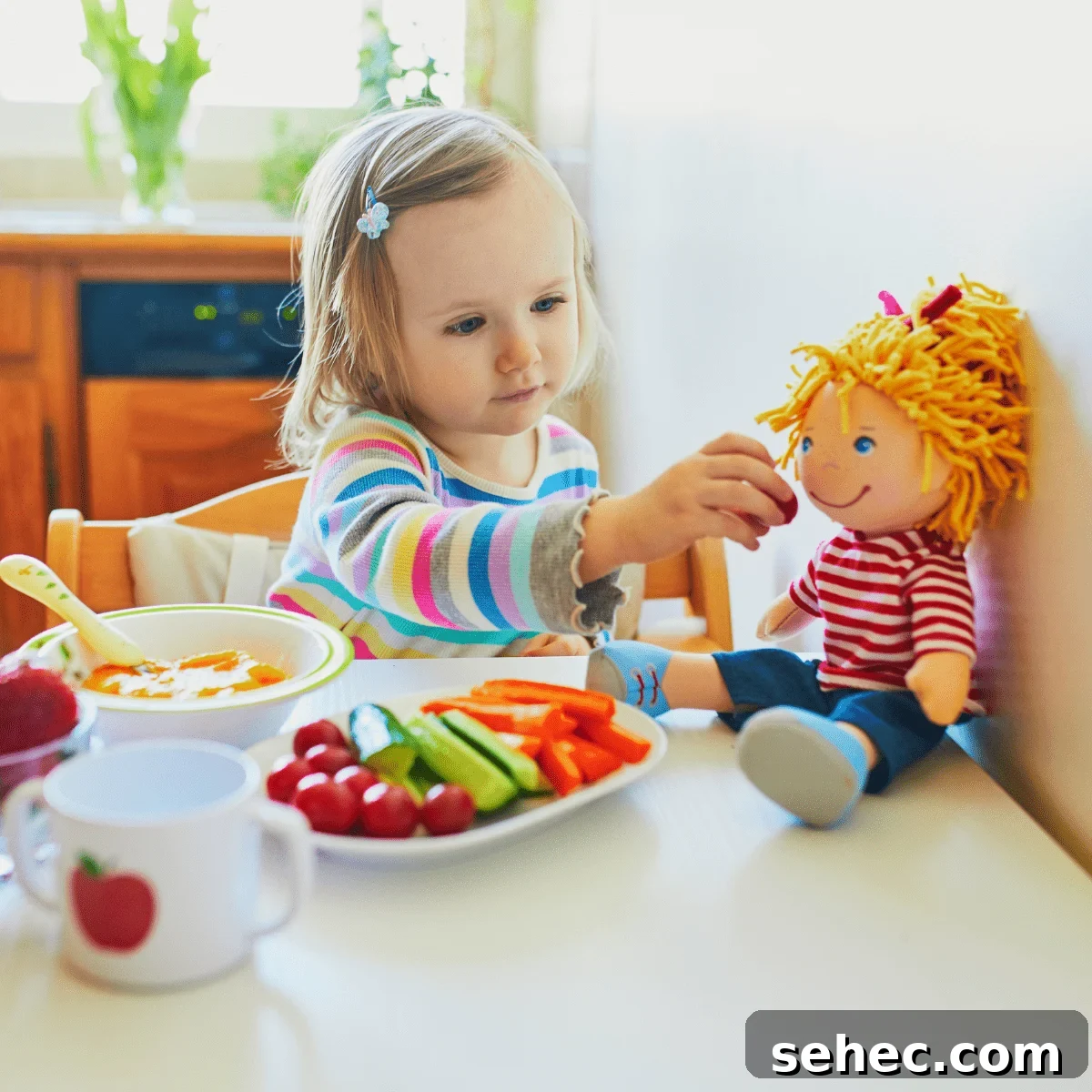 Toddler girl sitting at white table feeding her doll from a plate of vegetable snacks - carrots, cucumbers and tomatoes. 