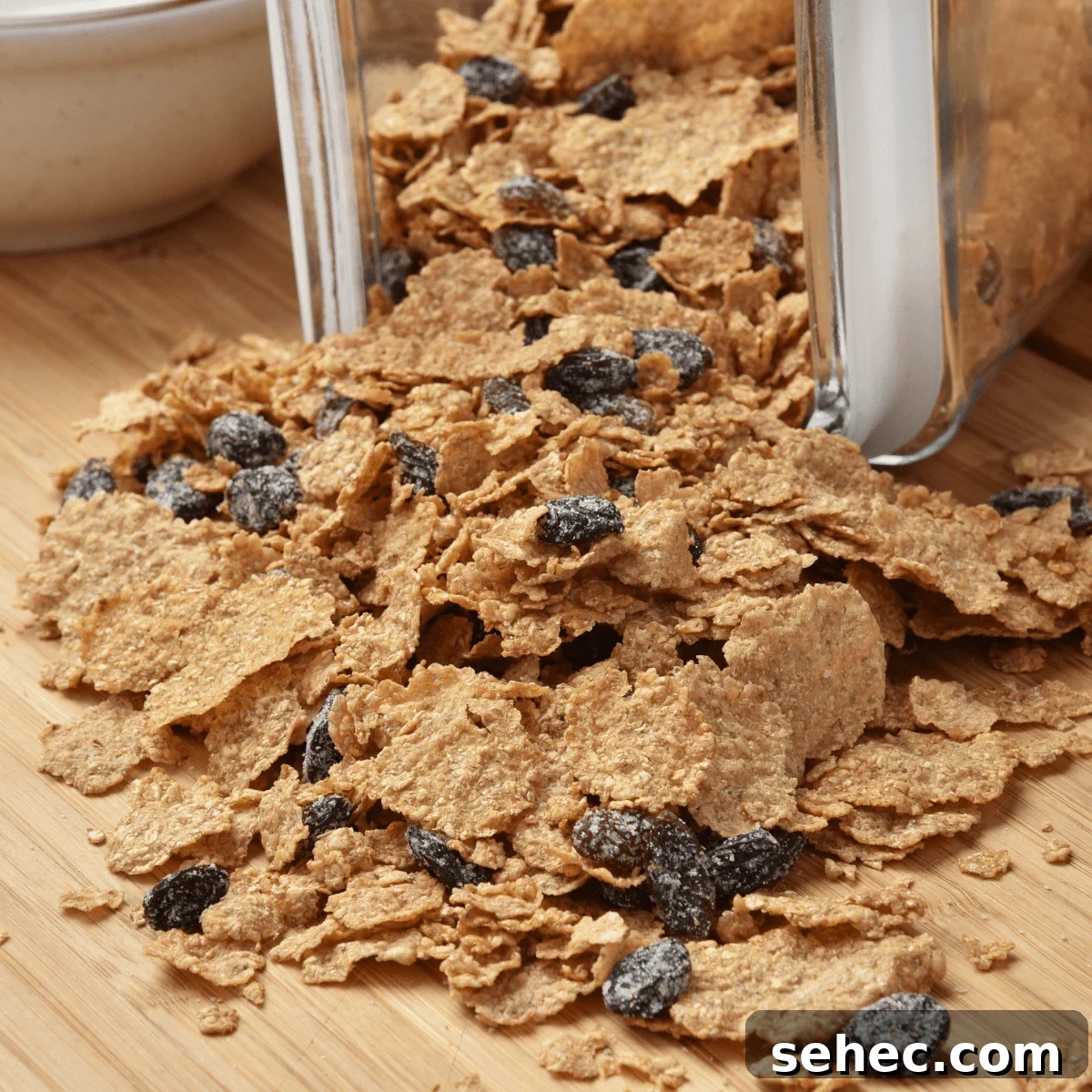 Clear container of bran cereal with raisins spilling out onto wooden countertop. 