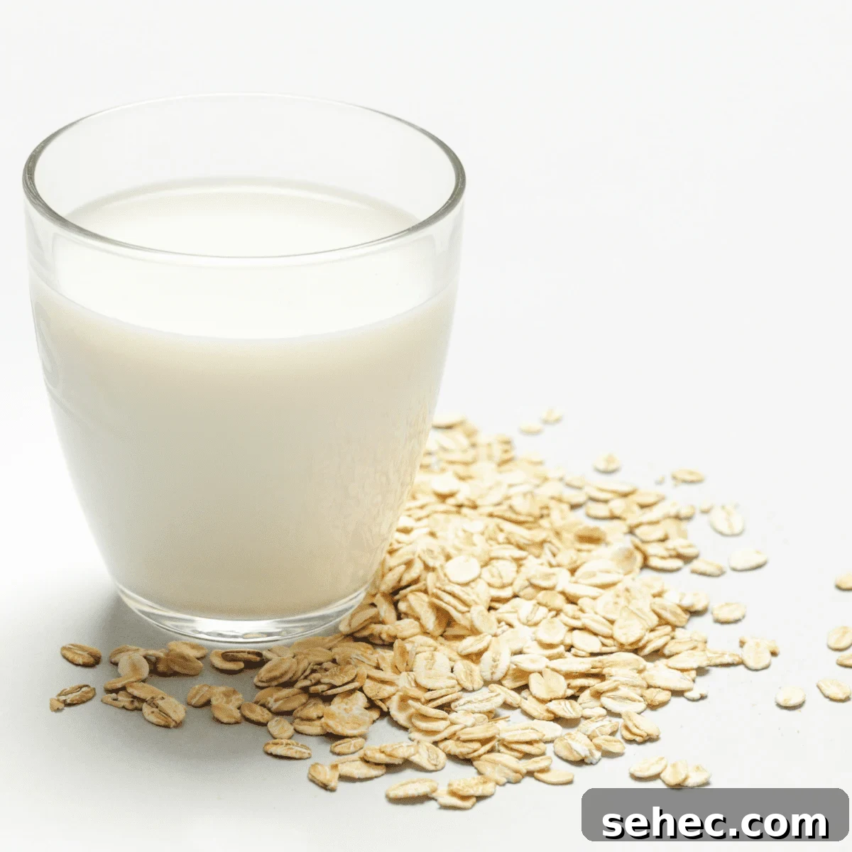 Glass of milk with oats surrounding it on a white tabletop. 