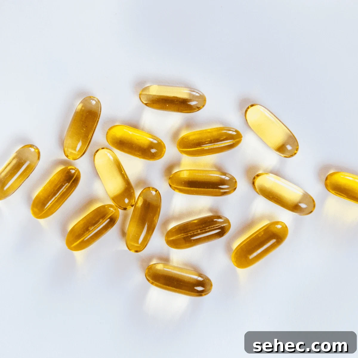 Omega-3 supplements on a white background.