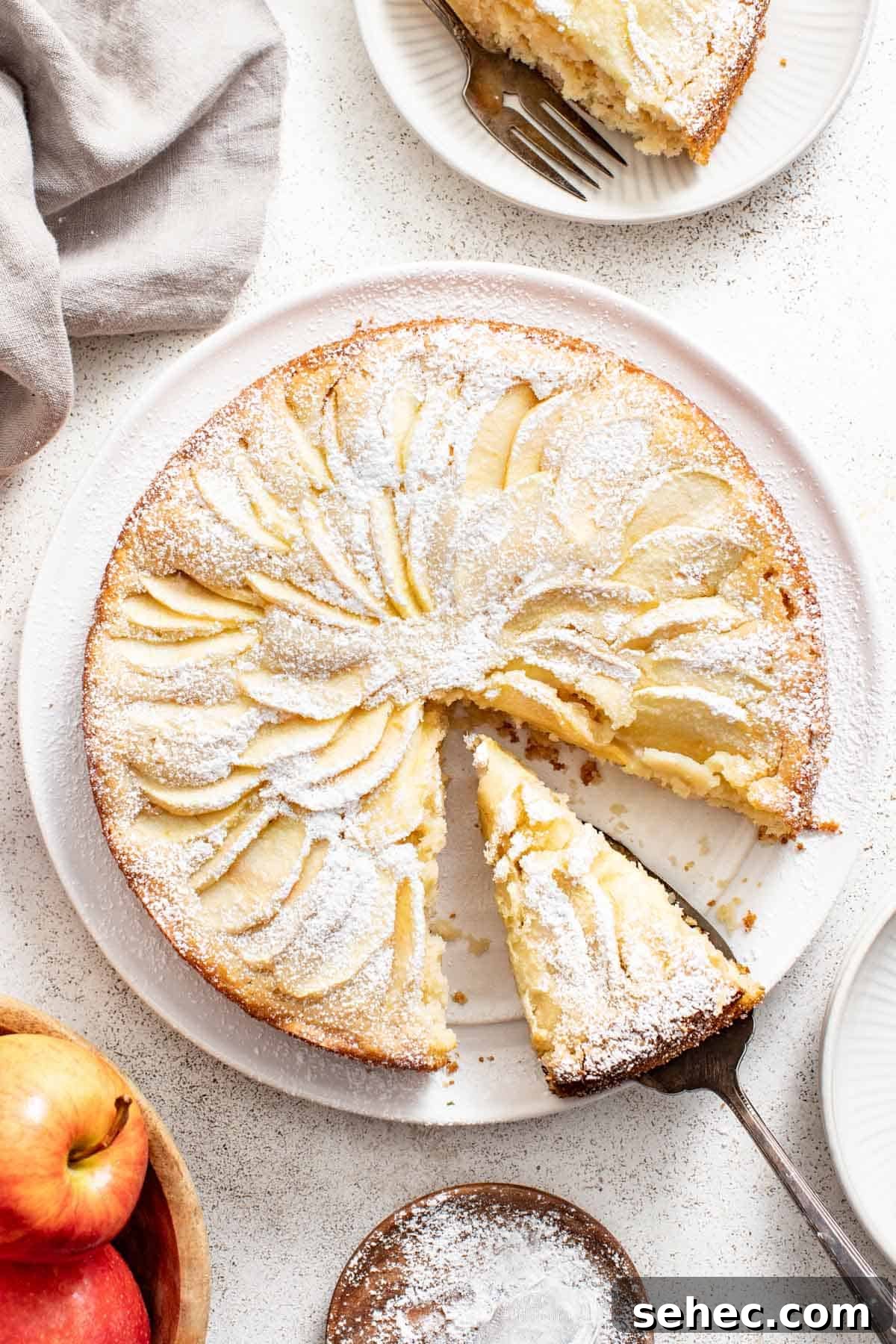 Moist French Apple Cake Without Rum 2 An apple cake dusted with powdered sugar and a serving utensil taking a slice out of the side.