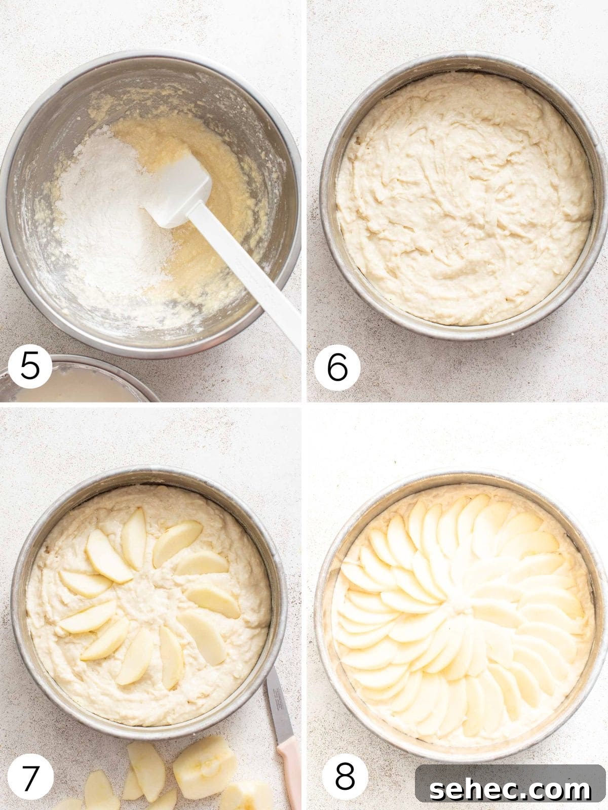 Moist French Apple Cake Without Rum 7 Process photos of making a simple cake and layering the apples in a snowflake pattern on top.