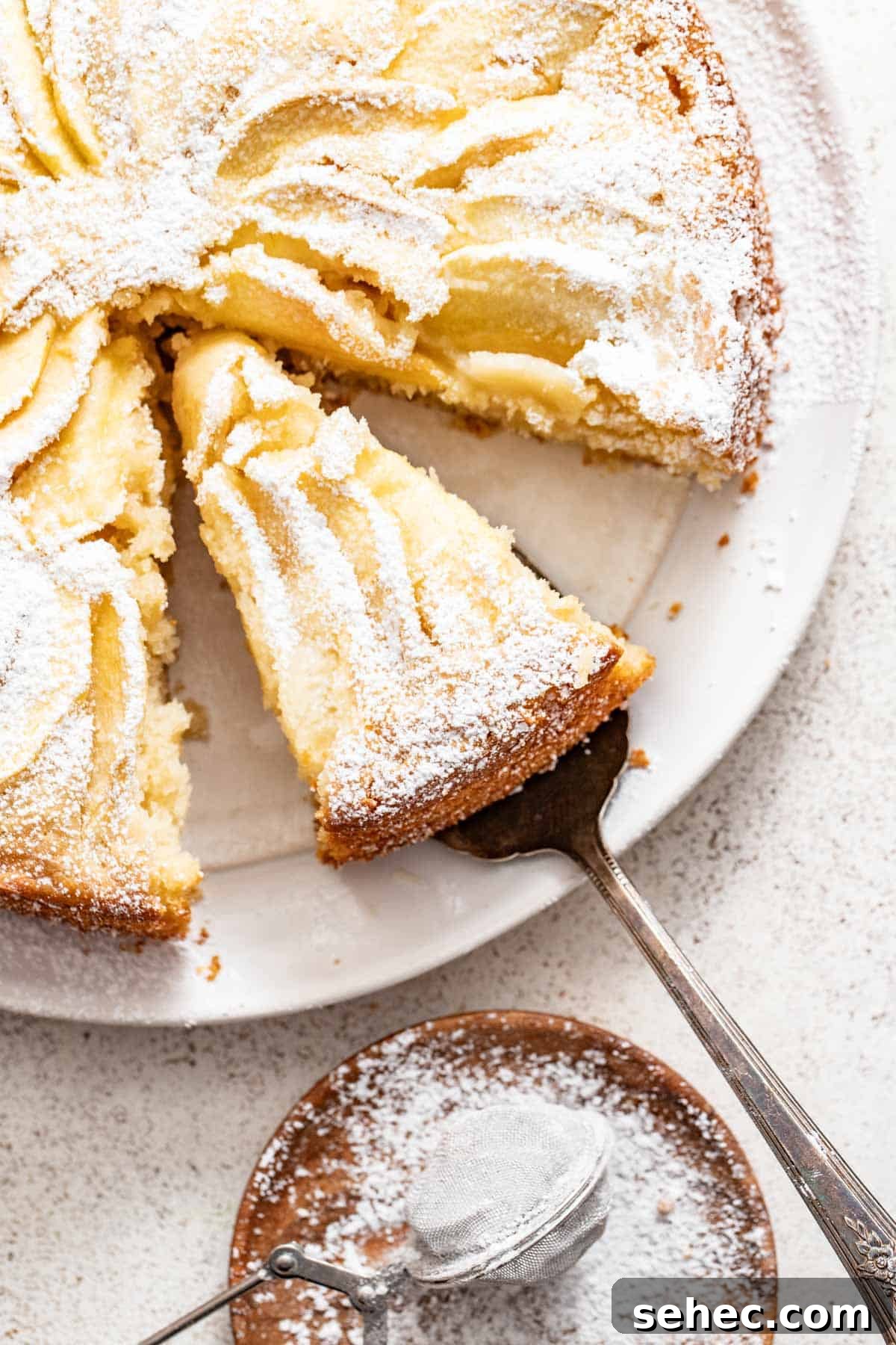 Moist French Apple Cake Without Rum 9 Serving a slice of apple cake from a white dish next to a bowl of powdered sugar.