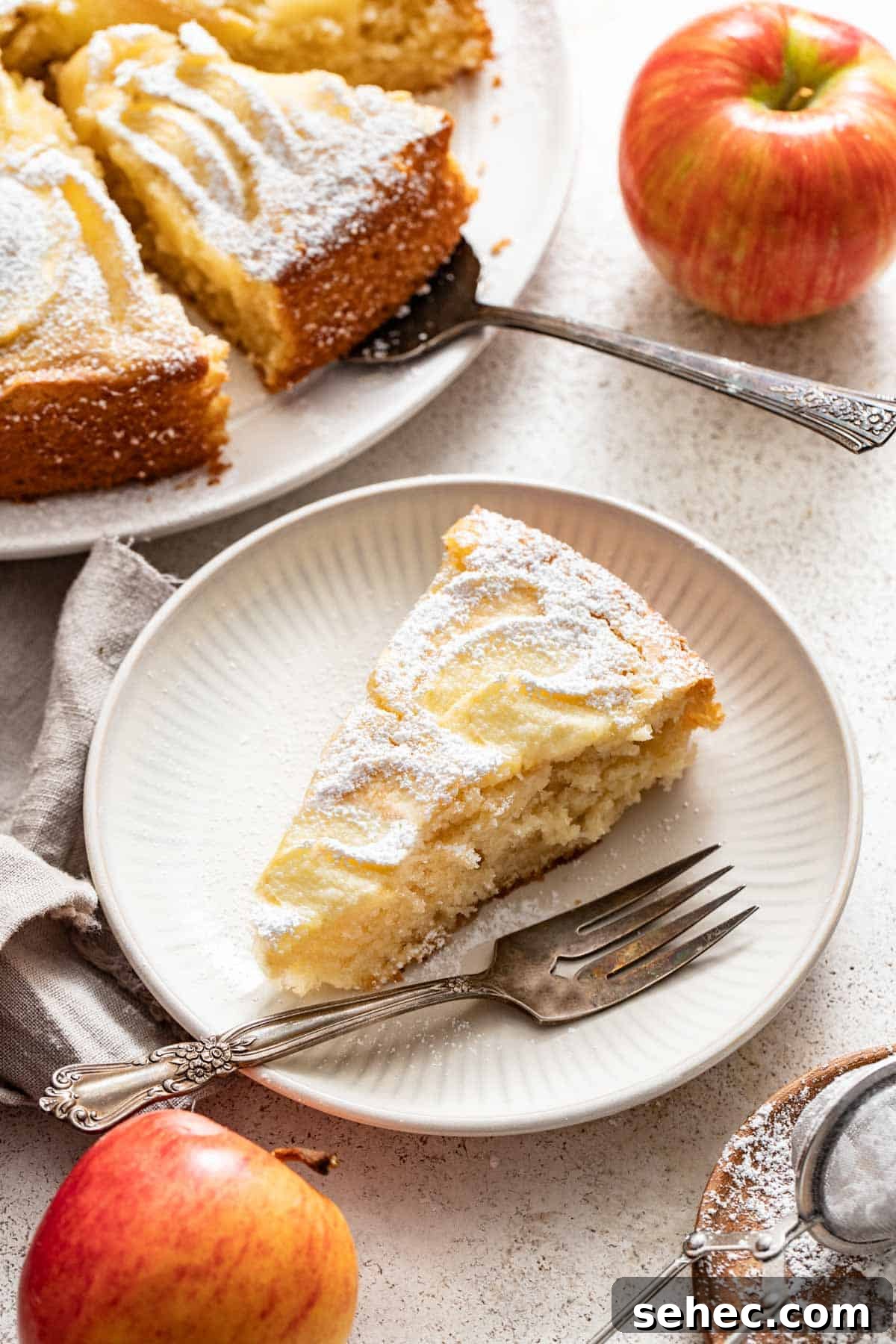 Moist French Apple Cake Without Rum 10 A slice of apple cake on a white plate with a fork, next to fresh honeycrisp apples.