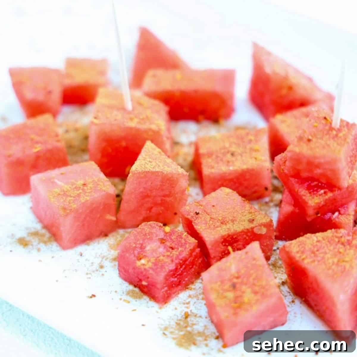 5 Minute Tajin Watermelon Snack 2 Chunks of fresh watermelon topped with Tajin and cinnamon.