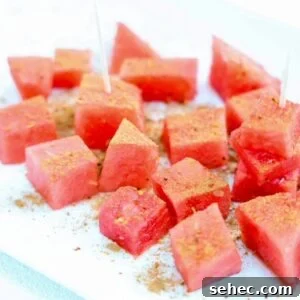 5 Minute Tajin Watermelon Snack 9 Chunks of fresh watermelon topped with Tajin and cinnamon.