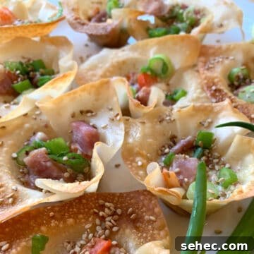 15 Cozy Cold Weather Appetizers for Entertaining 6 Pork wonton stars arranged on a platter with diced ham and green onions.